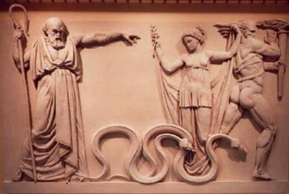 Saint Patrick driving snakes out of Ireland